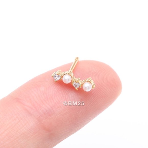 Golden Brilliant Sparkle ZigZag Pearlescent Multi-Gem Nose Stud Ring-Clear Gem - Picture 2 of 4
